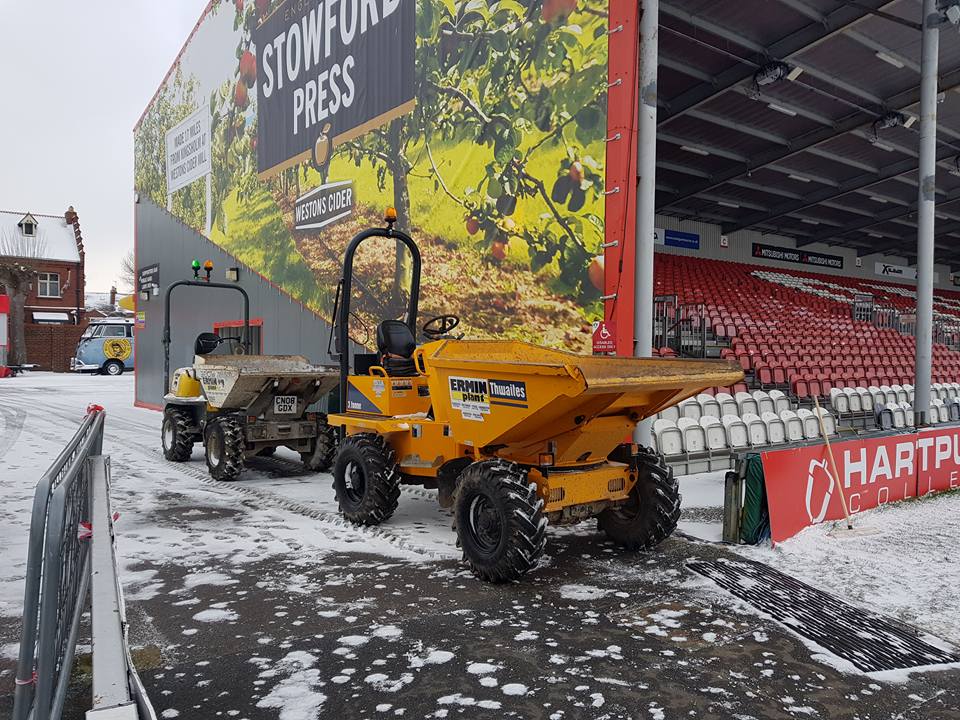 Dumpers at Gloucester Rugby Club Kingsholm in the snow